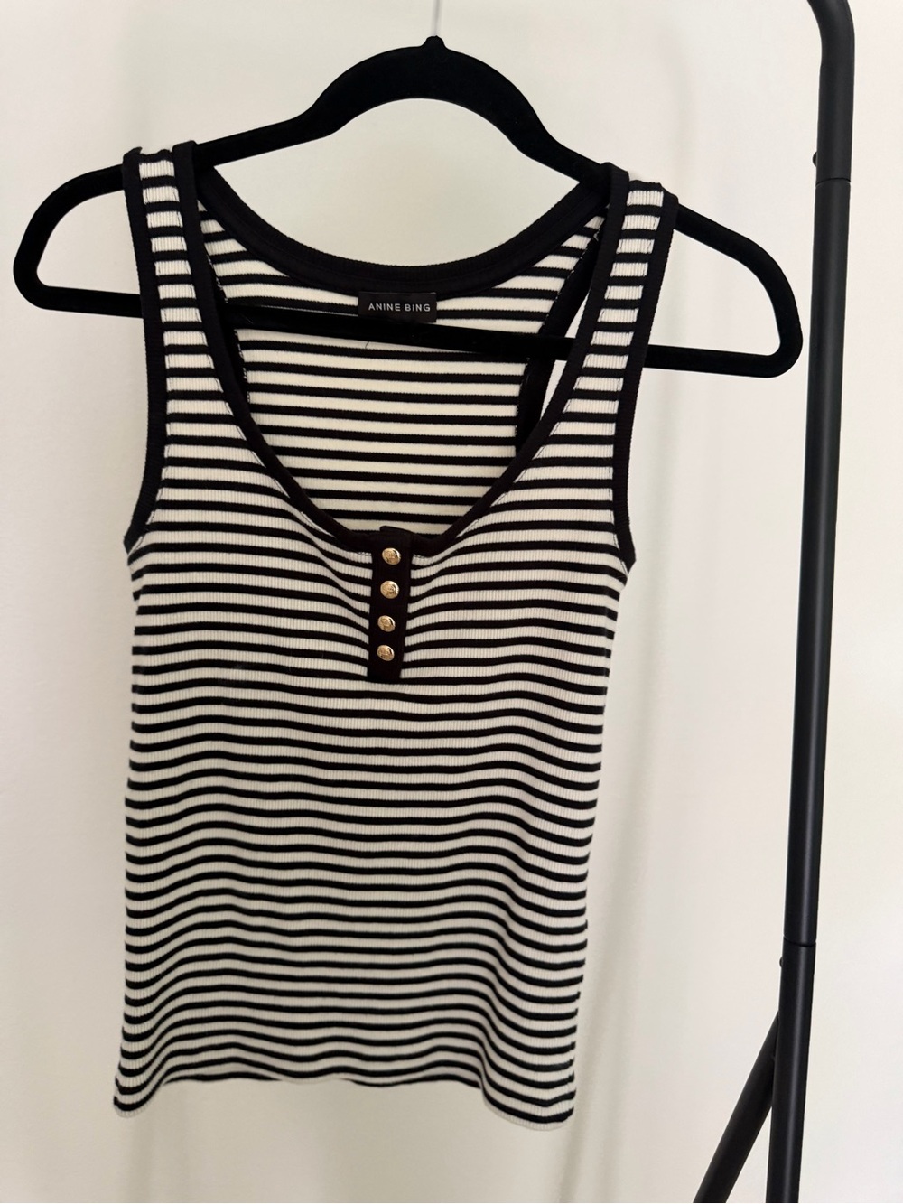 ANINE BING Black and White Striped Ribbed Tank with Gold Button Detail